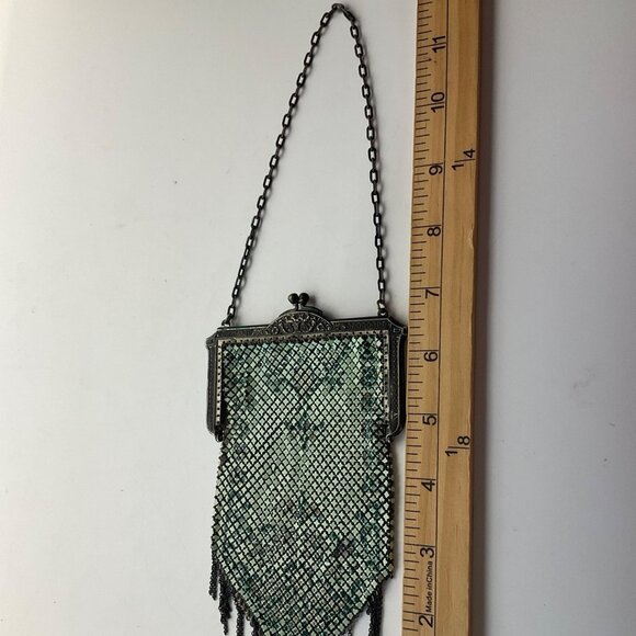 Antique 20's Art Deco Green Chainmail Mesh Evening Bag Handpainted Enamel*Read* - Picture 4 of 14